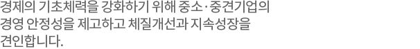 경제의 기초체력을 강화하기 위해 중소·중견기업의 경영 안정성을 제고하고 체질개선과 지속성장을 견인합니다.