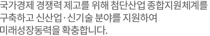 국가경제 경쟁력 제고를 위해 첨단산업 종합지원체계를 구축하고 신산업·신기술 분야를 지원하여 미래성장동력을 확충합니다.