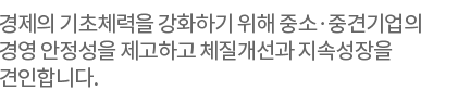 경제의 기초체력을 강화하기 위해 중소·중견기업의 경영 안정성을 제고하고 체질개선과 지속성장을 견인합니다.